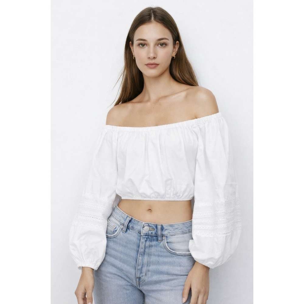 ZARA White Off Shoulder Crop Blouse Puff Sleeve Lace Cottagecore Small NWT